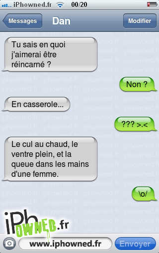 Tu sais en quoi j'aimerai être réincarné ?, Non ?, En casserole..., ??? >.<, Le *censured* au chaud, le ventre plein, et la queue dans les mains d'une femme., \o/, 