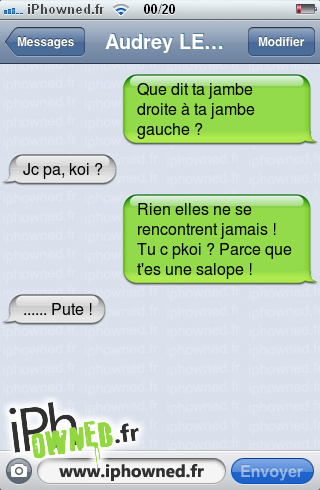 Que dit ta jambe droite à ta jambe gauche ?, Jc pa, koi ?, Rien elles ne se rencontrent jamais ! Tu c pkoi ? Parce que t'es une *censured* !, ...... *censured* !, 