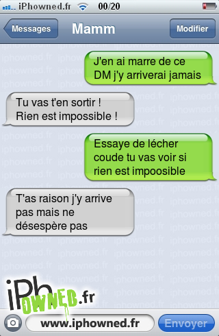 J'en ai marre de ce DM j'y arriverai jamais, Tu vas t'en sortir ! Rien est impossible !, Essaye de lécher coude tu vas voir si rien est impoosible, T'as raison j'y arrive pas mais ne désespère pas, 