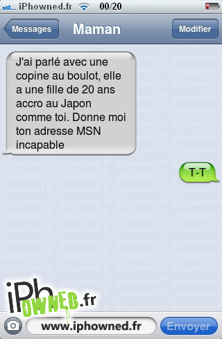 J'ai parlé avec une copine au boulot, elle a une fille de 20 ans accro au Japon comme toi. Donne moi ton adresse MSN incapable, T-T, 