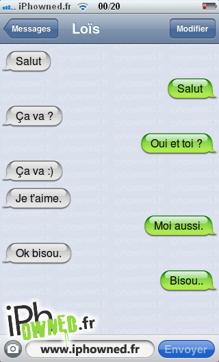 Salut, Salut, Ça va ?, Oui et toi ?, Ça va :), Je t'aime., Moi aussi., Ok bisou., Bisou.., 