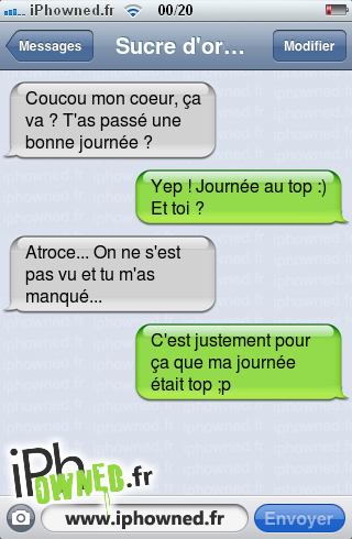 Coucou mon coeur, ça va ? T'as passé une bonne journée ?, Yep ! Journée au top :) Et toi ?, Atroce... On ne s'est pas vu et tu m'as manqué..., C'est justement pour ça que ma journée était top ;p, 