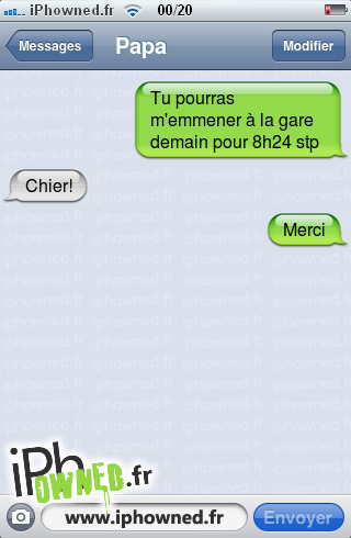 Tu pourras m'emmener à la gare demain pour 8h24 stp, Chier!, Merci, 