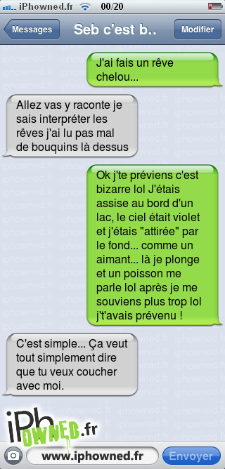 J'ai fais un rêve chelou..., Allez vas y raconte je sais interpréter les rêves j'ai lu pas mal de bouquins là dessus, Ok j'te préviens c'est bizarre lol J'étais assise au bord d'un lac, le ciel était violet et j'étais "attirée" par le fond... comme un aimant... là je plonge et un poisson me parle lol après je me souviens plus trop lol j't'avais prévenu !, C'est simple... Ça veut tout simplement dire que tu veux coucher avec moi., 