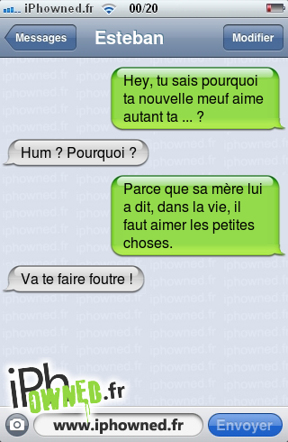 Hey, tu sais pourquoi ta nouvelle meuf aime autant ta ... ?, Hum ? Pourquoi ?, Parce que sa mère lui a dit, dans la vie, il faut aimer les petites choses., Va te faire foutre !, 