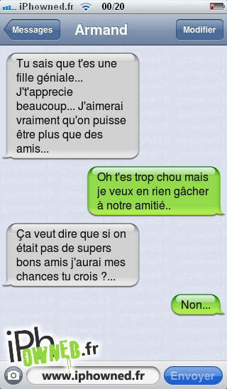 Tu sais que t'es une fille géniale... J't'apprecie beaucoup... J'aimerai vraiment qu'on puisse être plus que des amis..., Oh t'es trop chou mais je veux en rien gâcher à notre amitié.., Ça veut dire que si on était pas de supers bons amis j'aurai mes chances tu crois ?..., Non..., 