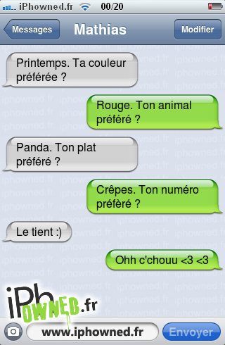 Printemps. Ta couleur préférée ?, Rouge. Ton animal préféré ?, Panda. Ton plat préféré ?, Crêpes. Ton numéro préfèré ?, Le tient :), Ohh c'chouu <3 <3, 