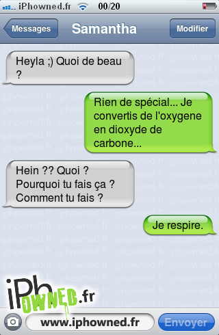 Heyla ;) Quoi de beau ?, Rien de spécial... Je convertis de l'oxygene en dioxyde de carbone..., Hein ?? Quoi ? Pourquoi tu fais ça ? Comment tu fais ?, Je respire., 