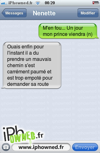 M'en fou... Un jour mon prince viendra (n), Ouais enfin pour l'instant il a du prendre un mauvais chemin s'est carrément paumé et est trop empoté pour demander sa route, 