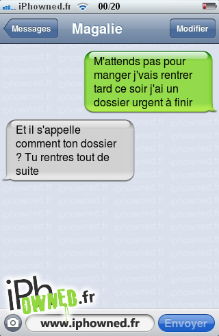 M'attends pas pour manger j'vais rentrer tard ce soir j'ai un dossier urgent à finir, Et il s'appelle comment ton dossier ? Tu rentres tout de suite, 