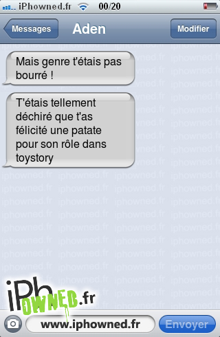 Mais genre t'étais pas bourré !, T'étais tellement déchiré que t'as félicité une patate pour son rôle dans toystory, 