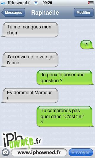 Tu me manques mon chéri., ?!, J'ai envie de te voir, je t'aime, Je peux te poser une question ?, Evidemment Mâmour !!, Tu comprends pas quoi dans "C'est fini" ?, 