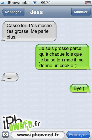 Casse toi. T'es moche t'es grosse. Me parle plus., Je suis grosse parce qu’à chaque fois que je *censured* ton mec il me donne un cookie (:, ......., Bye (:, 