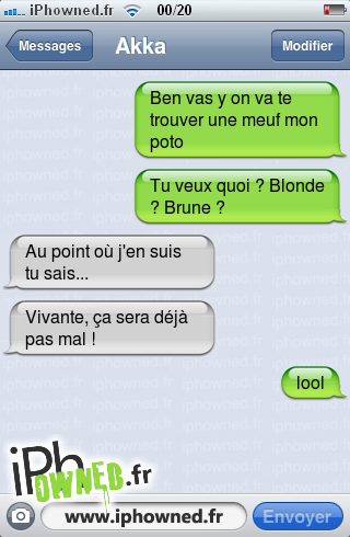 Ben vas y on va te trouver une meuf mon poto, Tu veux quoi ? Blonde ? Brune ?, Au point où j'en suis tu sais..., Vivante, ça sera déjà pas mal !, lool, 