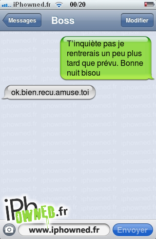 T’inquiète pas je rentrerais un peu plus tard que prévu. Bonne nuit bisou, ok.bien.recu.amuse.toi.bien.bisou.maman, 