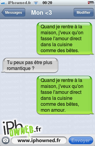 Quand je rentre à la maison, j'veux qu'on fasse l'amour direct dans la cuisine comme des bêtes., Tu peux pas être plus romantique ?, Quand je rentre à la maison, j'veux qu'on fasse l'amour direct dans la cuisine comme des bêtes, mon amour., 