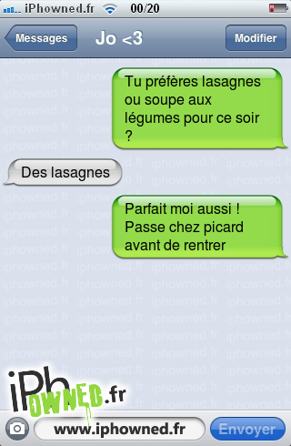 Tu préfères lasagnes ou soupe aux légumes pour ce soir ?, Des lasagnes, Parfait moi aussi ! Passe chez picard avant de rentrer, 