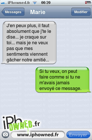 J'en peux plus, il faut absolument que j'te le dise... je craque sur toi... mais je ne veux pas que mes sentiments viennent gâcher notre amitié..., Si tu veux, on peut faire comme si tu ne m'avais jamais envoyé ce message., 