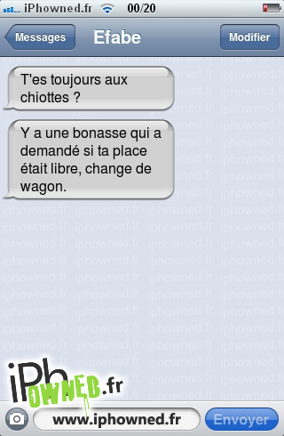 T'es toujours aux chiottes ?, Y a une bonasse qui a demandé si ta place était libre, change de wagon., 