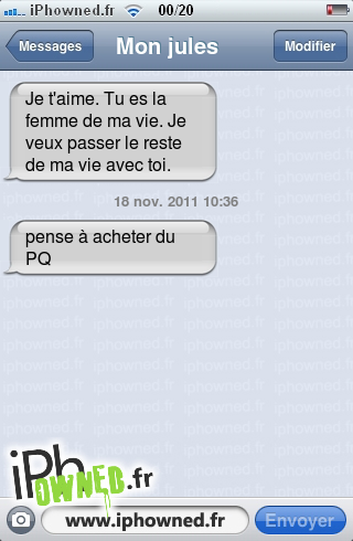 Je t'aime. Tu es la femme de ma vie. Je veux passer le reste de ma vie avec toi. , 18 nov. 2011 10:36, pense à acheter du PQ, 